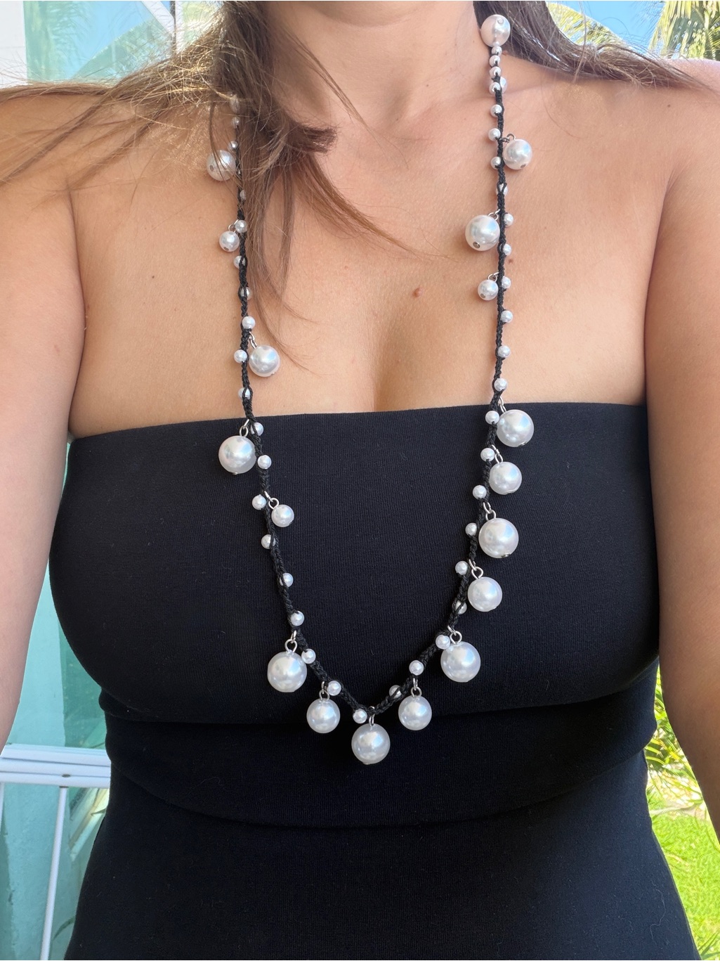 Vintage Faux Pearl Crochet Necklace Black Cord Statement Y2k Boho Chic